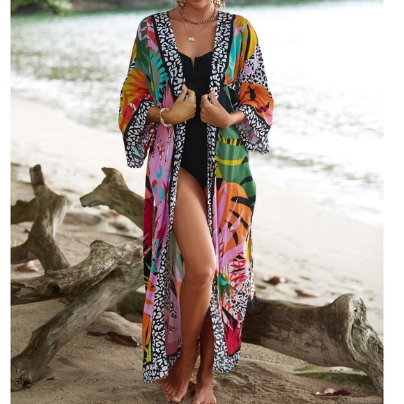 Colorful Tropical Print Duster Beach Cover up Kimono - Picture 5 of 8